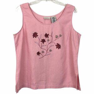 White Stag Vtg Y2K Pink Floral Appliqué Tank Top Women’s Large Linen Blend
